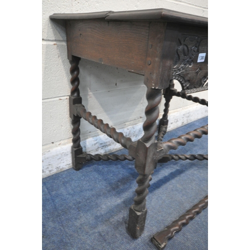 1380 - AN 18TH CENTURY CARVED OAK SIDE TABLE, the top edges with a rope edge, above a single frieze drawer,... 