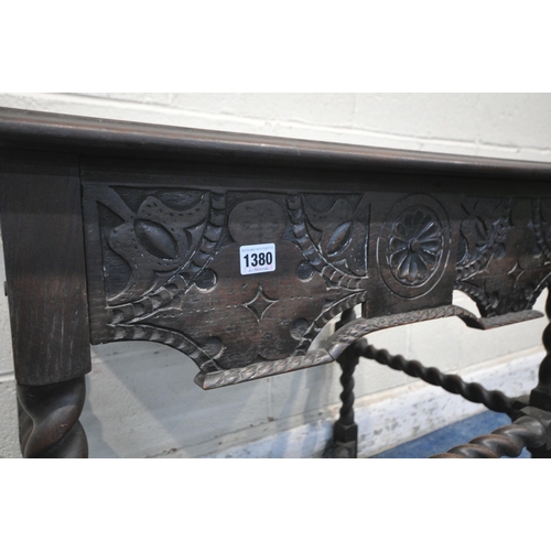 1380 - AN 18TH CENTURY CARVED OAK SIDE TABLE, the top edges with a rope edge, above a single frieze drawer,... 