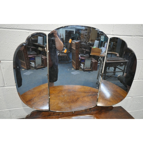 1381 - AN EARLY 20TH CENTURY MAHOGANY DEMI-LUNE DRESSING TABLE, with triple dressing mirror, fitted with fi... 