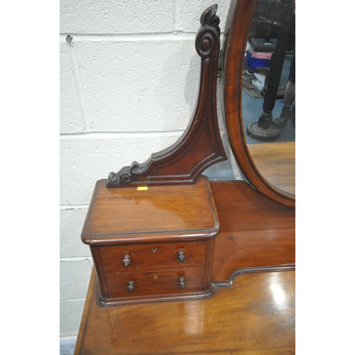 1387 - A 19TH CENTURY MAHOGANY TWIN PEDESTAL DRESSING TABLE, with an oval mirror, fitted with an arrangemen... 