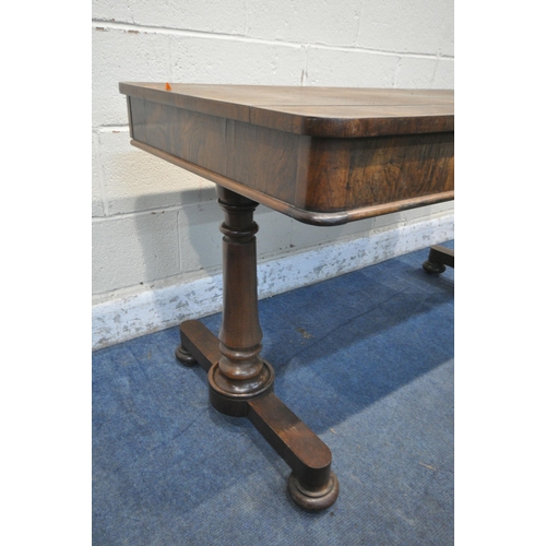 1388 - A WILLIAM IV ROSEWOOD LIBRARY TABLE, with two drawers, on twin cylindrical tapered legs, on flat bun... 