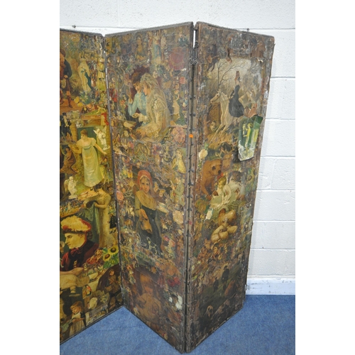 1390 - A VICTORIAN DECOUPAGE FOUR PANEL FLOOR SCREEN, overall length 213cm x each panel width 53cm x height... 