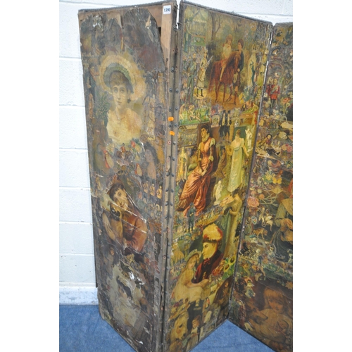 1390 - A VICTORIAN DECOUPAGE FOUR PANEL FLOOR SCREEN, overall length 213cm x each panel width 53cm x height... 