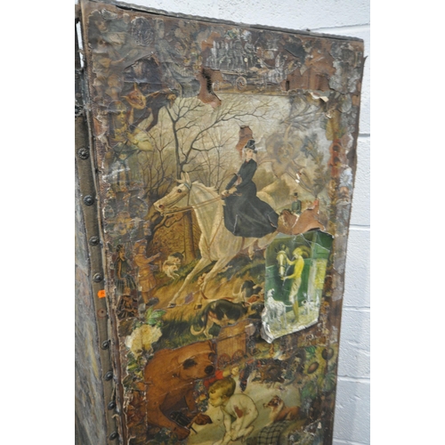 1390 - A VICTORIAN DECOUPAGE FOUR PANEL FLOOR SCREEN, overall length 213cm x each panel width 53cm x height... 