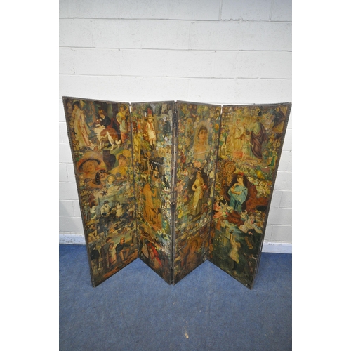 1390 - A VICTORIAN DECOUPAGE FOUR PANEL FLOOR SCREEN, overall length 213cm x each panel width 53cm x height... 