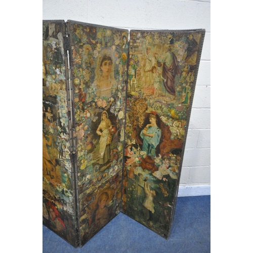 1390 - A VICTORIAN DECOUPAGE FOUR PANEL FLOOR SCREEN, overall length 213cm x each panel width 53cm x height... 