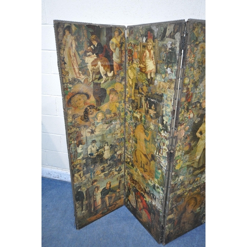 1390 - A VICTORIAN DECOUPAGE FOUR PANEL FLOOR SCREEN, overall length 213cm x each panel width 53cm x height... 