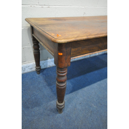 1392 - A VICTORIAN BIRCH RECTANGULAR TABLE, on turned legs, length 162cm x depth 79cm x height 73cm (condit... 