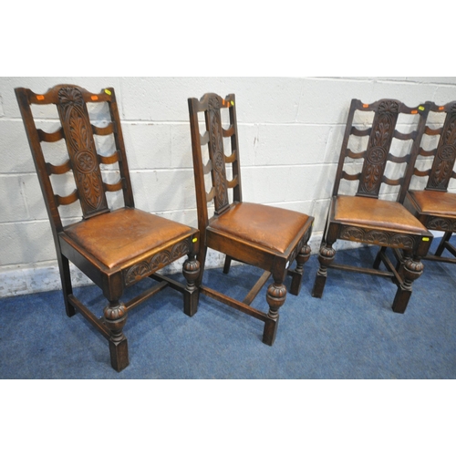 1393 - A SET OF EARLY 20TH CENTURY OAK DINING CHAIRS, with foliate backrests, brown leather seat pads, turn... 