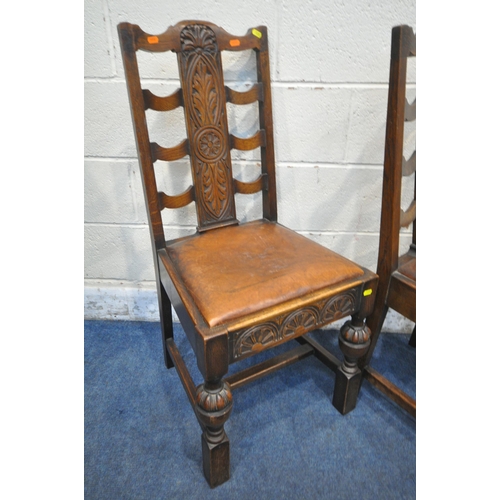 1393 - A SET OF EARLY 20TH CENTURY OAK DINING CHAIRS, with foliate backrests, brown leather seat pads, turn... 