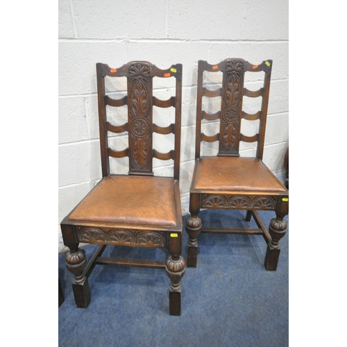 1393 - A SET OF EARLY 20TH CENTURY OAK DINING CHAIRS, with foliate backrests, brown leather seat pads, turn... 