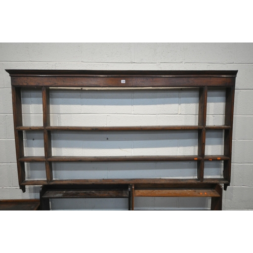 1394 - A GEORGIAN OAK HANGING PLATE RACK, width 187cm x height 107cm, along with two open bookcases, and tw... 