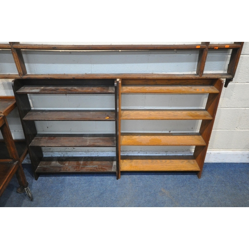 1394 - A GEORGIAN OAK HANGING PLATE RACK, width 187cm x height 107cm, along with two open bookcases, and tw... 