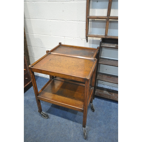 1394 - A GEORGIAN OAK HANGING PLATE RACK, width 187cm x height 107cm, along with two open bookcases, and tw... 