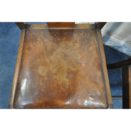 1397 - A SET OF FOUR ART DECO OAK DINING CHAIRS, with brown leather drop in seat pads (condition report: se... 