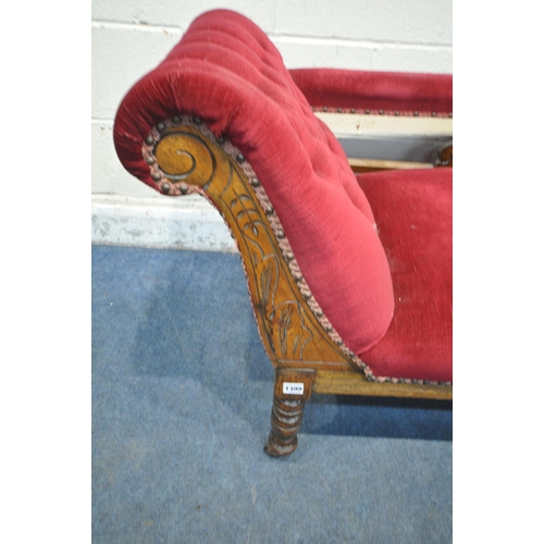 1399 - AN EDWARDIAN MAHOGANY CHAISE LONGUE,  with buttoned fabric, length 172cm x depth 60cm x height 69cm ... 