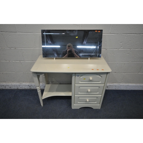 1408 - A CREAM DRESSING TABLE, fitted with three drawers, along with a rectangular dressing mirror, width 1... 