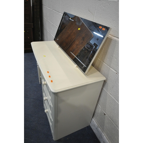 1408 - A CREAM DRESSING TABLE, fitted with three drawers, along with a rectangular dressing mirror, width 1... 