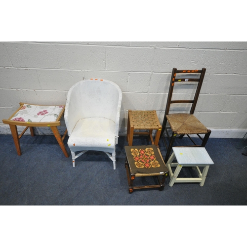 1409 - A WHITE PAINTED WICKER TUB CHAIR, a rush seated chair, along with four stools (condition report: sur... 