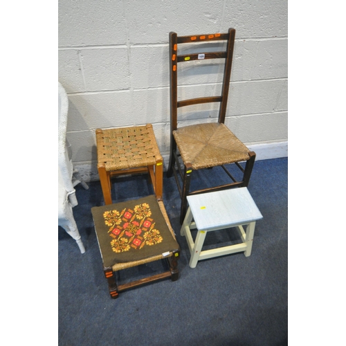 1409 - A WHITE PAINTED WICKER TUB CHAIR, a rush seated chair, along with four stools (condition report: sur... 