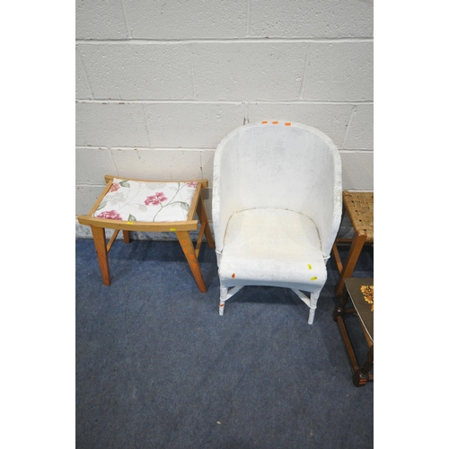 1409 - A WHITE PAINTED WICKER TUB CHAIR, a rush seated chair, along with four stools (condition report: sur... 