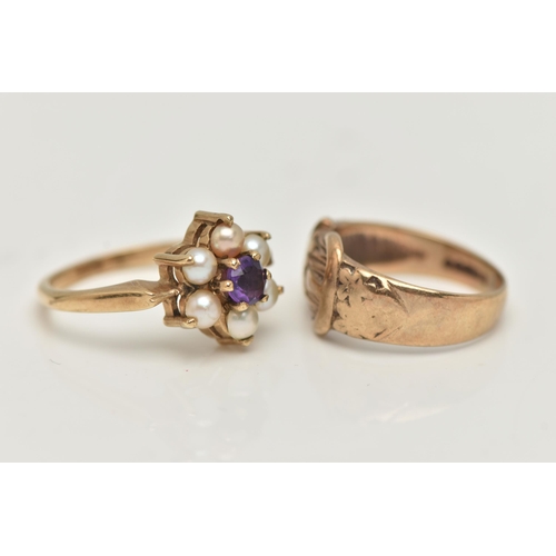 12 - A 9CT GOLD RING AND A GEM SET RING, a 9ct gold buckle ring with floral detail, hallmarked 9ct London... 