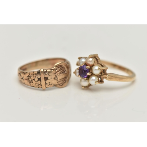 12 - A 9CT GOLD RING AND A GEM SET RING, a 9ct gold buckle ring with floral detail, hallmarked 9ct London... 