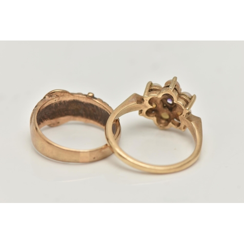 12 - A 9CT GOLD RING AND A GEM SET RING, a 9ct gold buckle ring with floral detail, hallmarked 9ct London... 