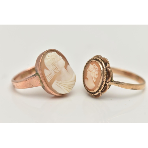 13 - TWO CAMEO RINGS, the first a rose metal ring, set with an oval shell cameo depicting a lady, stamped... 