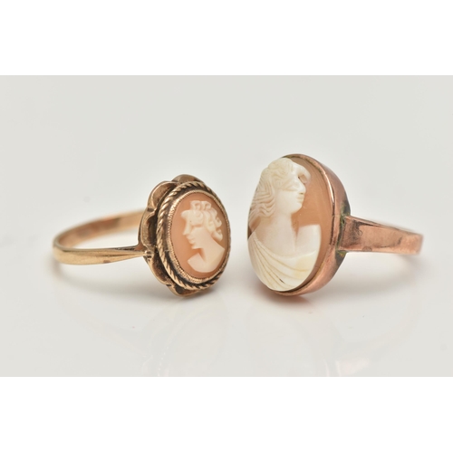 13 - TWO CAMEO RINGS, the first a rose metal ring, set with an oval shell cameo depicting a lady, stamped... 