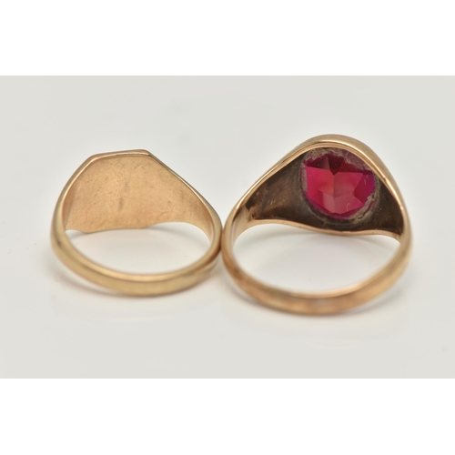 14 - TWO 9CT GOLD SIGNET RINGS, the first a square form signet ring, hallmarked 9ct Birmingham, ring size... 