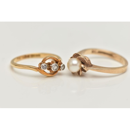 16 - TWO RINGS, the first, a three stone diamond ring, yellow metal mount, stamped 18ct, ring size L, app... 