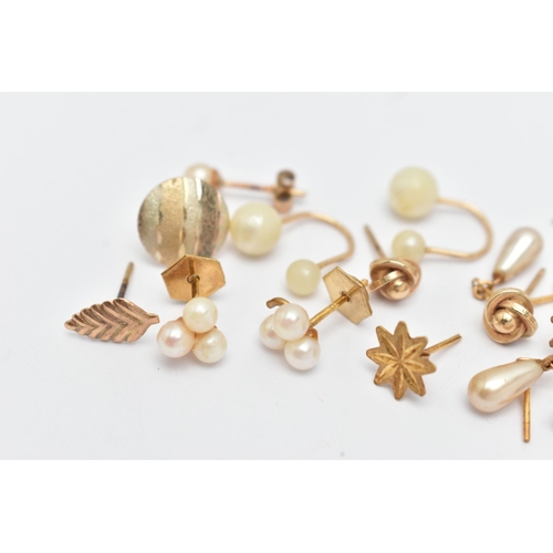 20 - A SMALL ASSORTMENT OF JEWELLERY, a selection of yellow metal and imitation pearl earrings, approxima... 