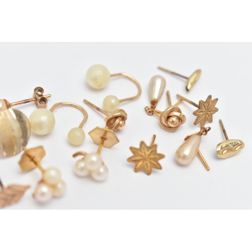 20 - A SMALL ASSORTMENT OF JEWELLERY, a selection of yellow metal and imitation pearl earrings, approxima... 