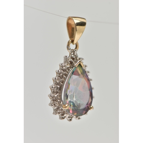 23 - A MYSTIC TOPAZ AND DIAMOND PENDANT, the pear shape mystic topaz within a surround set with four sing... 