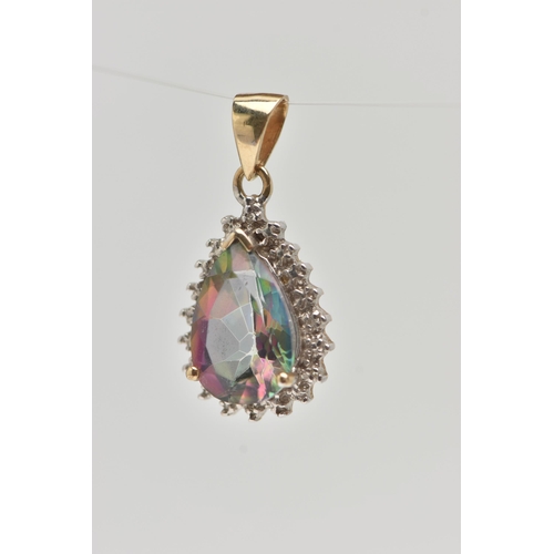 23 - A MYSTIC TOPAZ AND DIAMOND PENDANT, the pear shape mystic topaz within a surround set with four sing... 