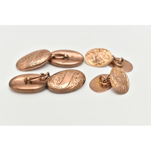 3 - TWO PAIRS OF CUFFLINKS, the first a 9ct gold pair of oval cufflinks, chain link fittings, rubbed 9ct... 