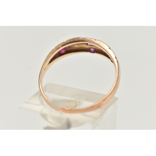 30 - A MID VICTORIAN 15CT GOLD RUBY AND SPLIT PEARL RING, designed as two split pearls interspaced by rub... 