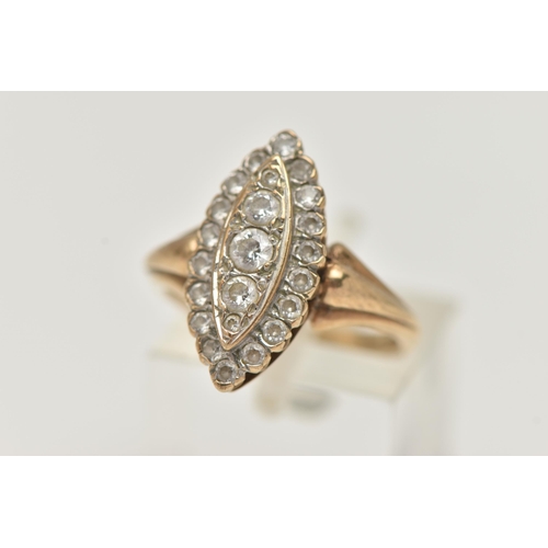 35 - A 9CT GOLD DRESS RING, the marquise shape panel set with two tiers of circular cubic zirconia, 9ct h... 