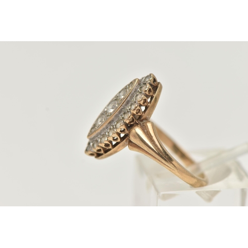 35 - A 9CT GOLD DRESS RING, the marquise shape panel set with two tiers of circular cubic zirconia, 9ct h... 