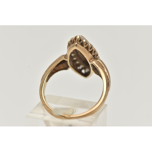 35 - A 9CT GOLD DRESS RING, the marquise shape panel set with two tiers of circular cubic zirconia, 9ct h... 