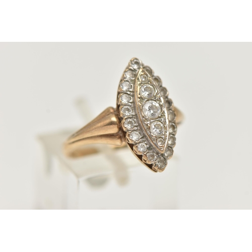 35 - A 9CT GOLD DRESS RING, the marquise shape panel set with two tiers of circular cubic zirconia, 9ct h... 