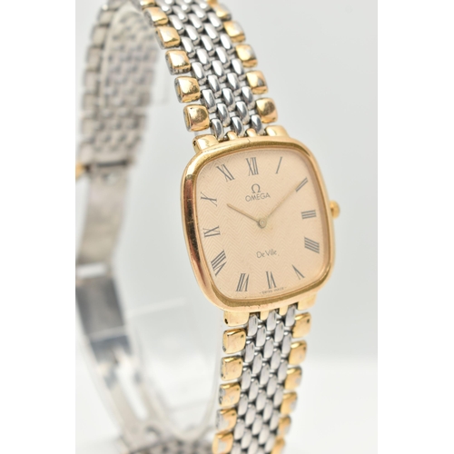 41 - AN OMEGA DE VILLE STAINLESS STEEL WRISTWATCH, the curved square face with black Roman numerals, gold... 