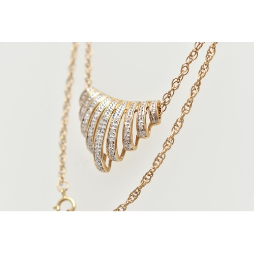 43 - A 9CT GOLD DIAMOND NECKLACE, designed as a central panel of graduated lines set with single cut diam... 