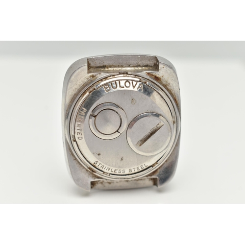 44 - A BULOVA ACCUTRON WATCH HEAD, the square stainless steel head with movement visible from the front, ... 