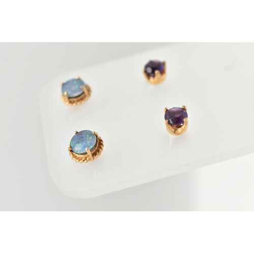 45 - TWO PAIRS OF GEM STUD EARRINGS, the first a pair of 9ct gold amethyst stud earrings, with 9ct hallma... 