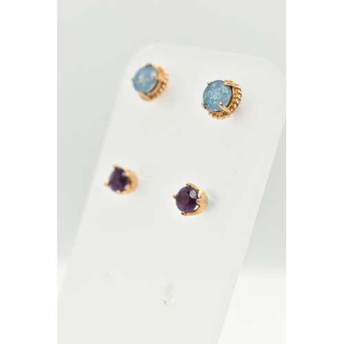 45 - TWO PAIRS OF GEM STUD EARRINGS, the first a pair of 9ct gold amethyst stud earrings, with 9ct hallma... 