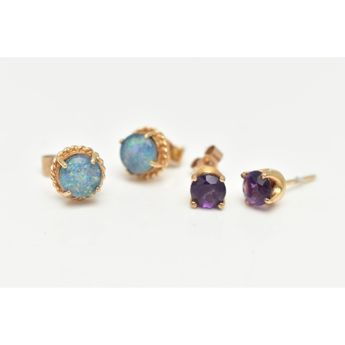 45 - TWO PAIRS OF GEM STUD EARRINGS, the first a pair of 9ct gold amethyst stud earrings, with 9ct hallma... 