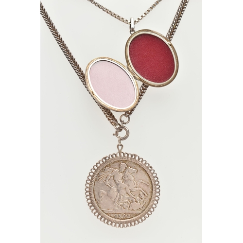 46 - TWO ITEMS OF JEWELLERY, the first a silver oval locket suspended from a box link chain, the second a... 