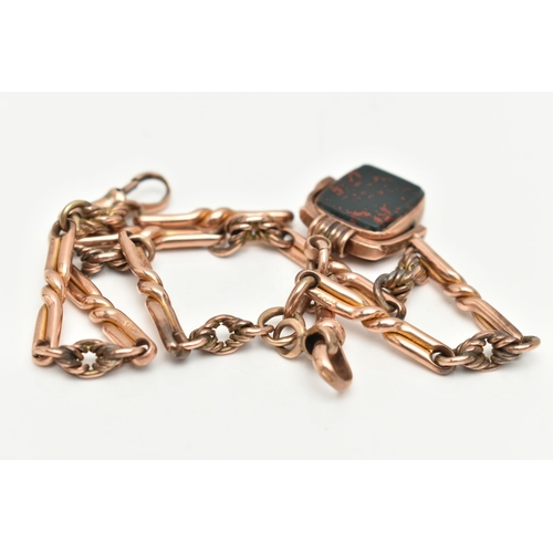 50 - A ROSE METAL ALBERT CHAIN WITH SWIVEL FOB, fancy link chain, links stamped 9.375, fitted with one lo... 